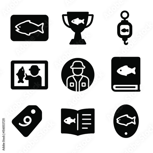 Fishing Trophy Icons. Solid, filled icon set of fishing trophies and records: mounted fish, trophy cup, catch weight, photo moment