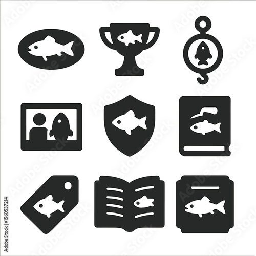 Fishing Trophy Icons. Solid, filled icon set of fishing trophies and records: mounted fish, trophy cup, catch weight, photo moment