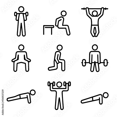 Fitness Icon Set. Outline icon set of fitness workout moves: bicep curl, tricep dip, push-up, pull-up, squat, lunge, deadlift,