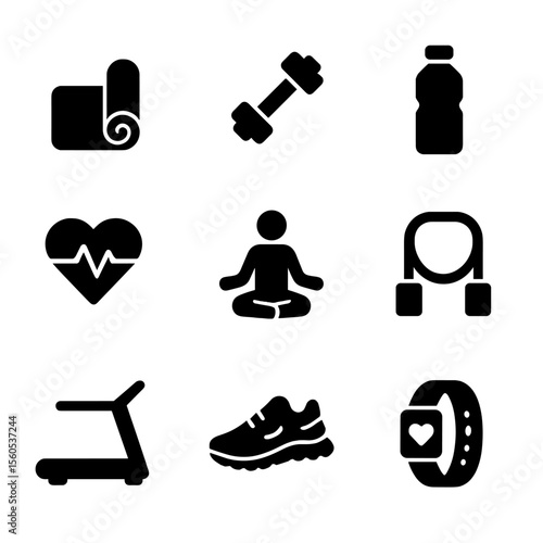 Fitness Icons Grid. Solid, filled icon set of exercising for self-care and body wellness: yoga mat, dumbbells, water bottle, heart