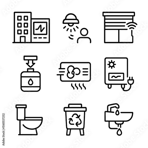 Smart Green Building Icons. Outline icon set of smart green building systems: building energy monitor, motion light sensor,