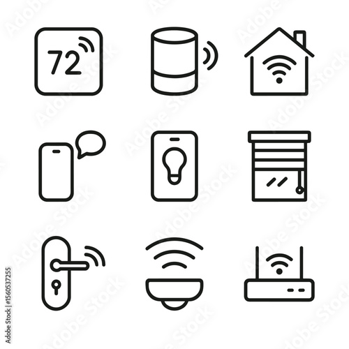 Smart Home Icon Set. Outline icon set of smart home automation: smart thermostat, smart speaker, home hub, voice assistant,