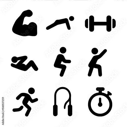 Fitness Icon Grid. Solid, filled icon set of physical fitness icons: flexed bicep, push-up pose, dumbbell, sit-up figure, squat