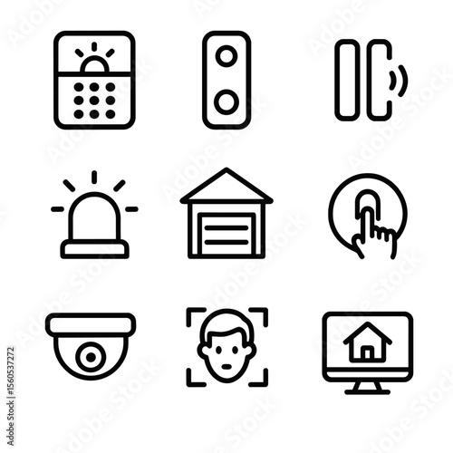 Smart Home Security Icons. Outline icon set of home security automation: smart alarm system, video doorbell, window sensor, siren