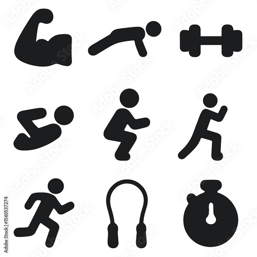 Fitness Icon Grid. Solid, filled icon set of physical fitness icons: flexed bicep, push-up pose, dumbbell, sit-up figure, squat