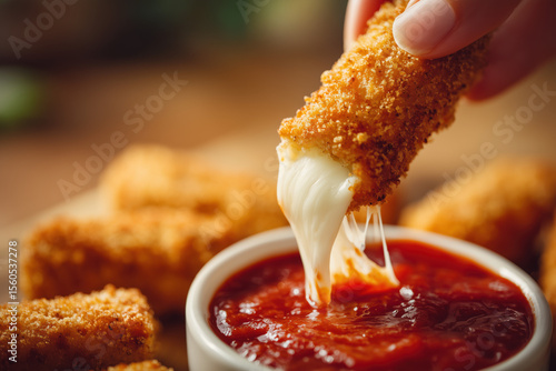 Close-up of hand dipping mozzarella stick into marinara sauce, melted cheese stretching
