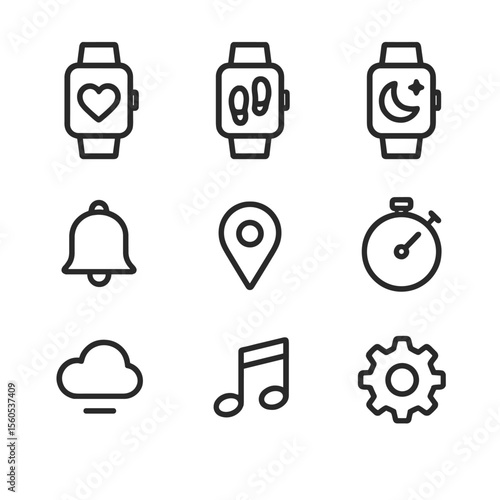 Smartwatch Features Icons. Outline icon set of basic smartwatch features: heart rate monitor, step counter, sleep tracking,