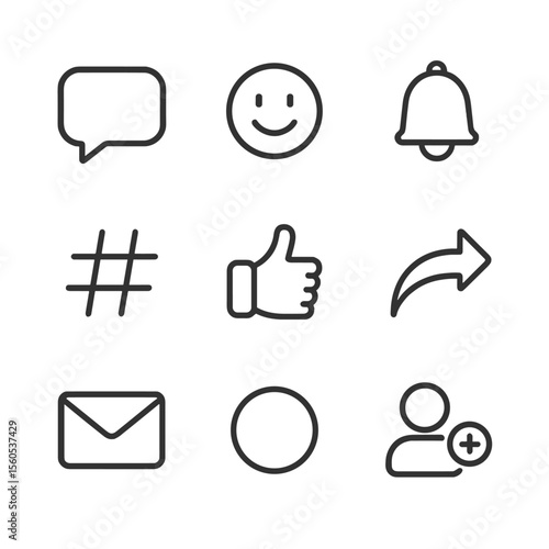 Social Media Icon Set. Outline icon set of Messaging and social apps: chat bubble, emoji face, notification bell, hashtag tag,