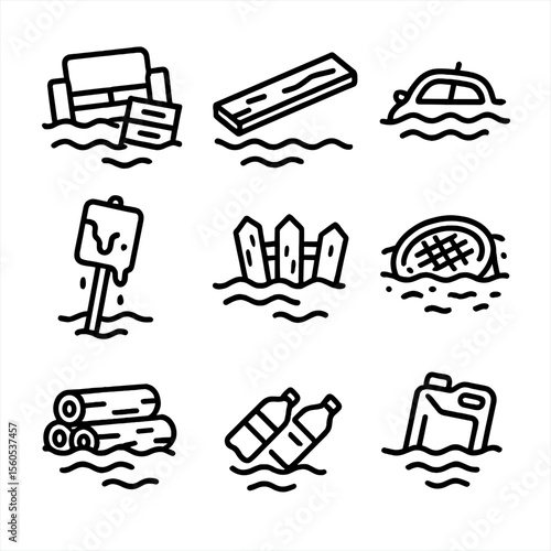 Flooded Street Icons. Outline icon set of Flooded Street Debris: floating furniture ruin, waterlogged board, submerged car roof,
