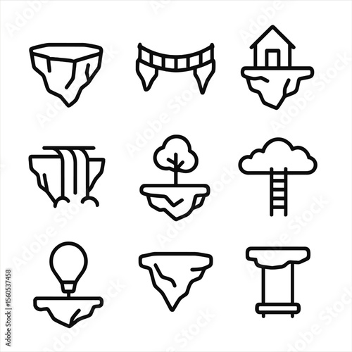Floating Island Icons. Outline icon set of floating islands in the sky: island cliff, hanging bridge, tiny house, waterfall, tree,