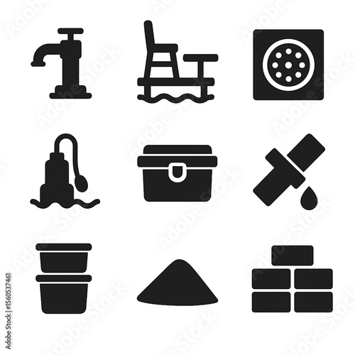 Flood Preparedness Icons. Solid, filled icon set of flood preparedness icons: water pump, raised furniture, floor drain, sump pump