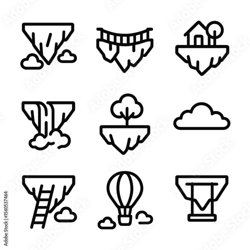 Floating Island Icons. Outline icon set of floating islands in the sky: island cliff, hanging bridge, tiny house, waterfall, tree,