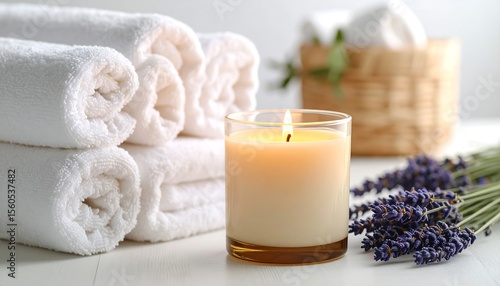 Relaxing spa scene featuring soft white towels, a glowing candle, and fragrant lavender on a bright surface.