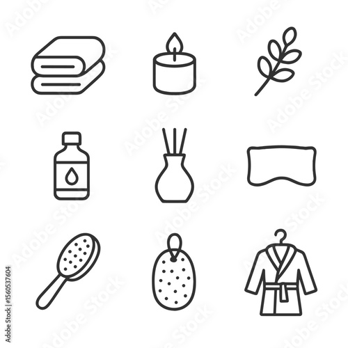 Spa Accessories Icons. Outline icon set of at-home spa accessories: fluffy towel, scented candle, eucalyptus branch, essential oil