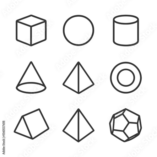 3D Solids Icons. Outline icon set of three-dimensional solids: cube, sphere, cylinder, cone, pyramid, torus, prism, tetrahedron,