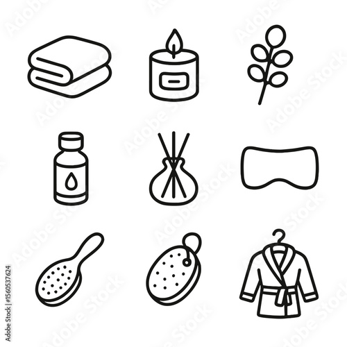 Spa Accessories Icons. Outline icon set of at-home spa accessories: fluffy towel, scented candle, eucalyptus branch, essential oil
