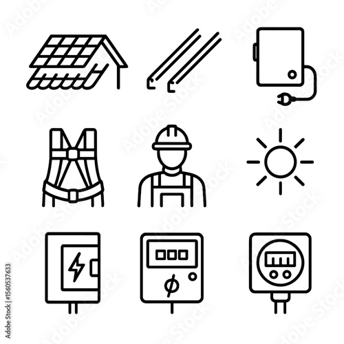 Solar Installation Icons. Outline icon set of rooftop solar panel installation: photovoltaic array, roof mount rails,