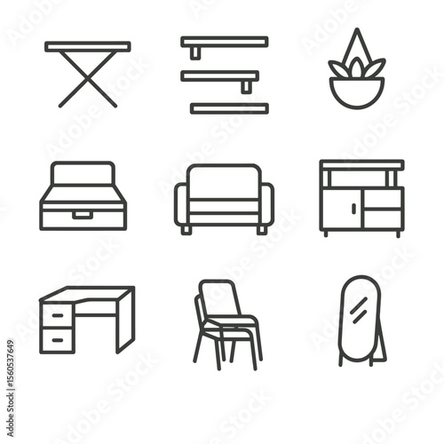 Space-Saving Icon Set. Outline icon set of decorating small spaces efficiently: foldable table, wall-mounted shelves, under-bed