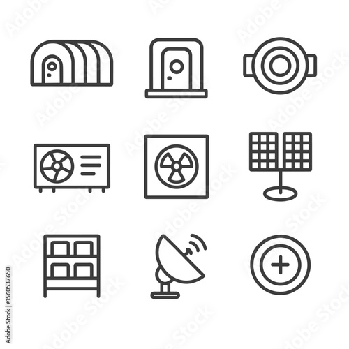 Space Habitat Icons. Outline icon set of habitat module assembly: inflatable habitat, airlock chamber, docking port, life support