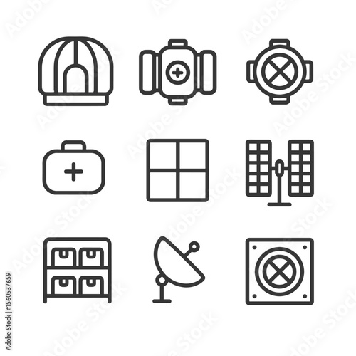 Space Habitat Icons. Outline icon set of habitat module assembly: inflatable habitat, airlock chamber, docking port, life support
