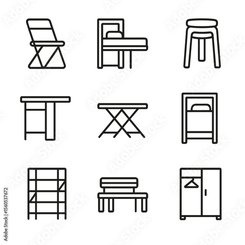 Space-Saving Furniture Icons. Outline icon set of space-saving furniture: foldable chair, wall bed, stacking stool, drop-leaf