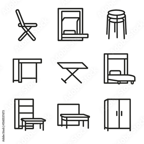 Space-Saving Furniture Icons. Outline icon set of space-saving furniture: foldable chair, wall bed, stacking stool, drop-leaf