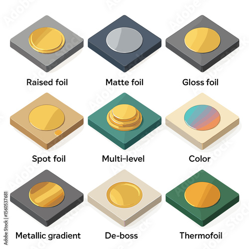 Foil Stamping Icons. Isometric Flat icon set of foil stamping finishes: raised foil, matte foil, gloss foil, spot foil,