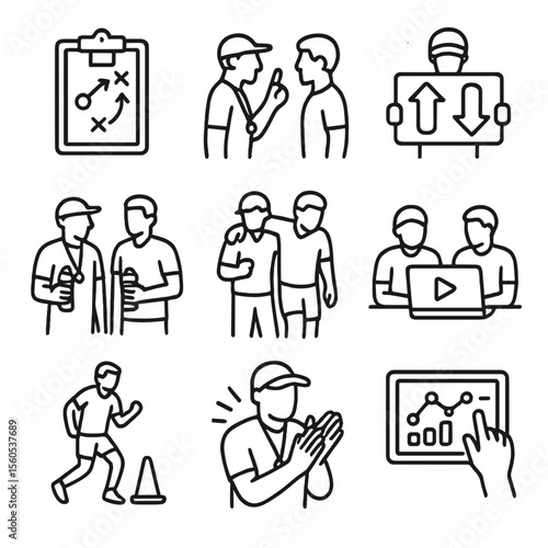 Sports Icon Set. Outline icon set of coach-player collaboration: clipboard tactics, sideline pep talk, substitution board, water