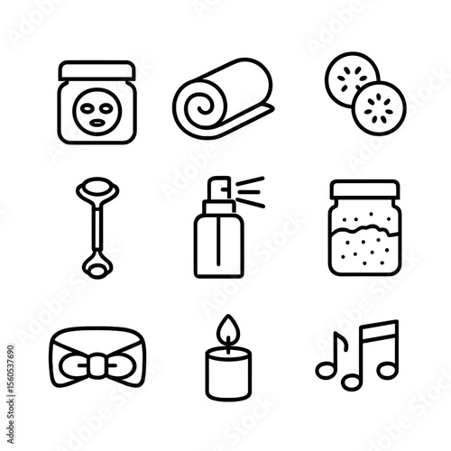 Spa Night Icons. Outline icon set of spa-inspired nighttime care: face mask jar, rolled towel, cucumber slices, jade roller,
