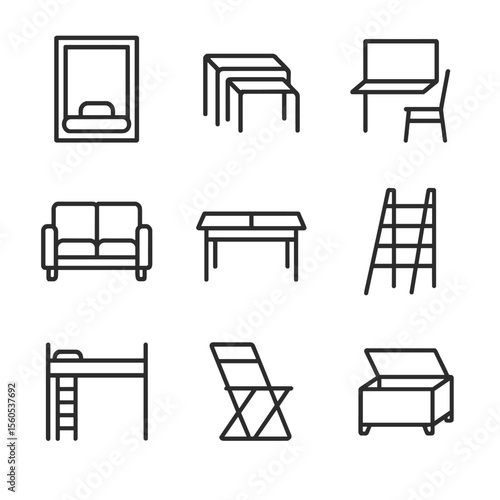 Space-Saving Furniture Icons. Outline icon set of space-saving furniture: Murphy bed, nesting tables, wall fold desk, convertible