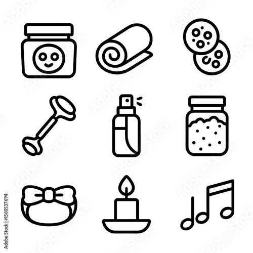 Spa Night Icons. Outline icon set of spa-inspired nighttime care: face mask jar, rolled towel, cucumber slices, jade roller,