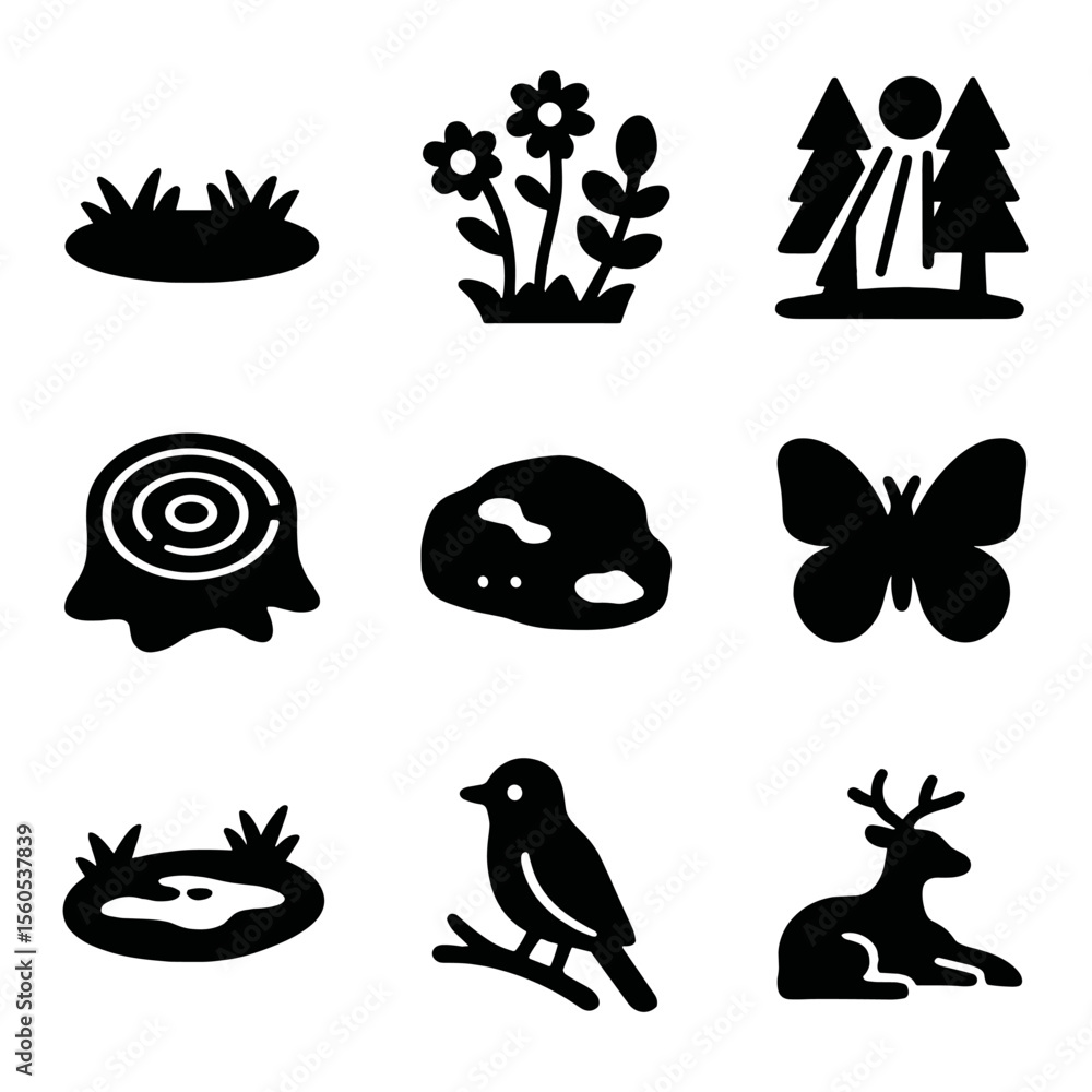 Forest Icons Collection. Solid, filled icon set of forest glade: grassy clearing, wildflowers, tree ring, sunbeam through trees, Forest Icons Collection. Solid, filled icon set of forest glade: grassy clearing, wildflowers, tree ring, sunbeam through trees,