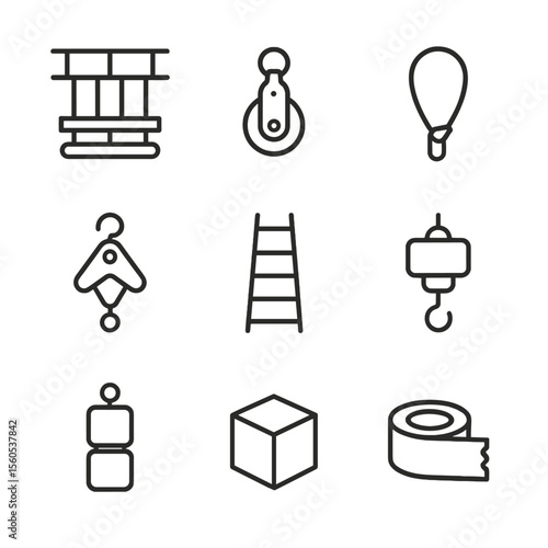 Stage Rigging Icons. Outline icon set of stage rigging and tech: fly system, pulley, safety cable, beam clamp, ladder, motor winch