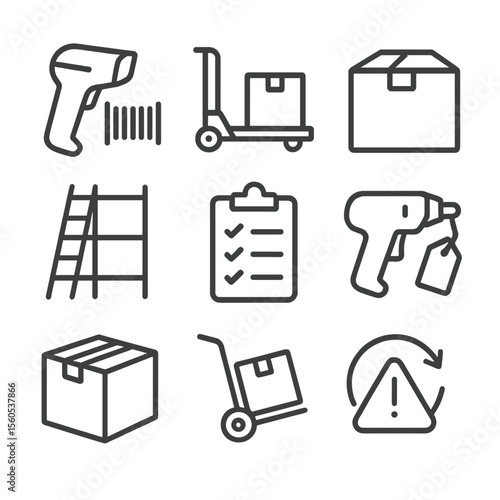 Stockroom Tools Icons. Outline icon set of stockroom restocking tasks: barcode scanner, pallet jack, cardboard box, shelf ladder,