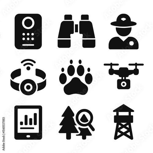 Forest Monitoring Icons. Solid, filled icon set of forest and wildlife monitoring: camera trap, field binoculars, ranger icon, GPS