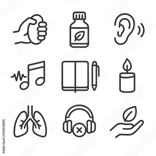 Stress Relief Icons. Outline icon set of stress relief techniques: stress ball, essential oil bottle, ear with sound waves, music