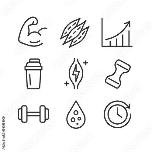Strength Training Icons. Outline icon set of muscular adaptations to strength training: flexed bicep, muscle fiber strands,