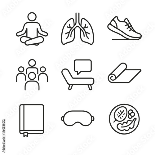 Stress Relief Icons. Outline icon set of stress coping and resilience: meditation pose, deep breathing lungs, running shoe,