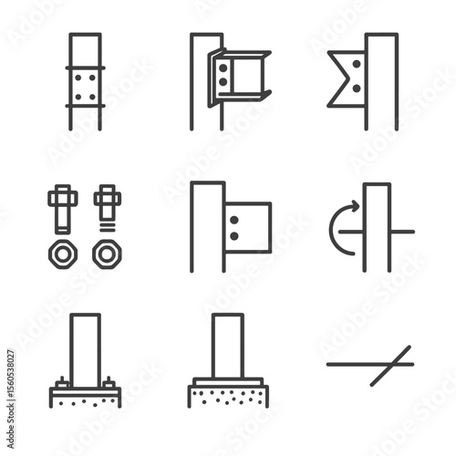 Structural Connection Icons. Outline icon set of column-beam connection design: column splice, steel bracket, gusset plate, flange