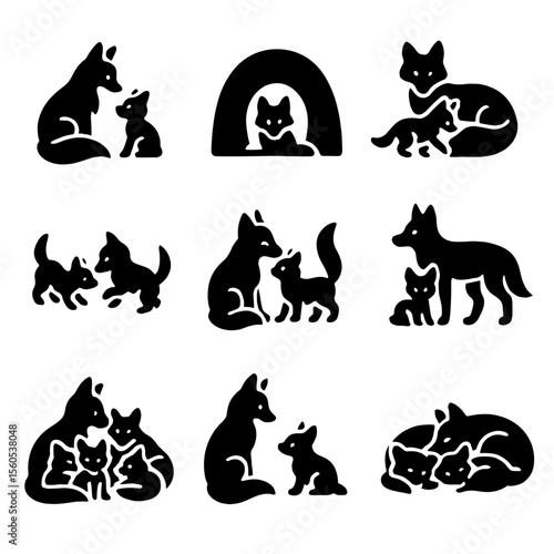 Fox Family Icon Set. Solid, filled icon set of fox family scenes: adult fox with kit, fox den entrance, nursing fox, playing kits,