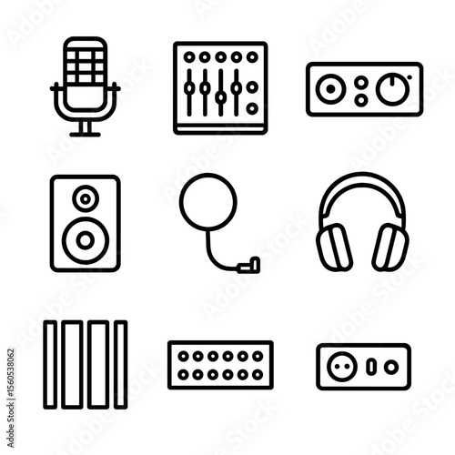 Studio Equipment Icons. Outline icon set of studio recording equipment: condenser microphone, mixing console, audio interface,