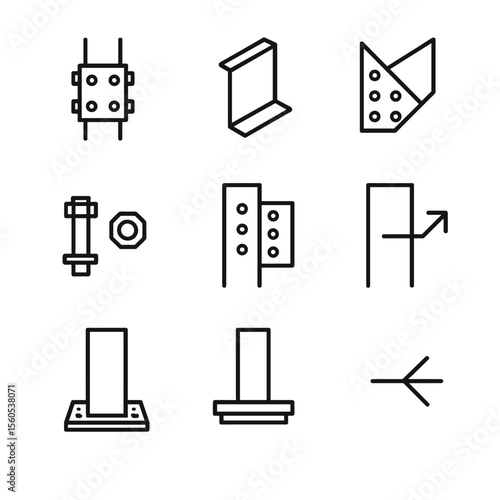 Structural Connection Icons. Outline icon set of column-beam connection design: column splice, steel bracket, gusset plate, flange