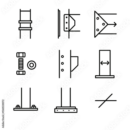 Structural Design Icons. Outline icon set of column-beam connection design: column splice, steel bracket, gusset plate, flange
