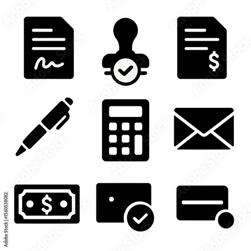 Freelance Contract Icons. Solid, filled icon set of freelance contracts and invoicing: contract document, signature, stamp