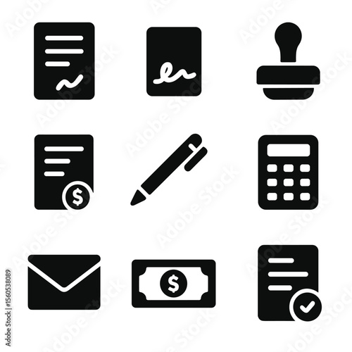Freelance Contract Icons. Solid, filled icon set of freelance contracts and invoicing: contract document, signature, stamp