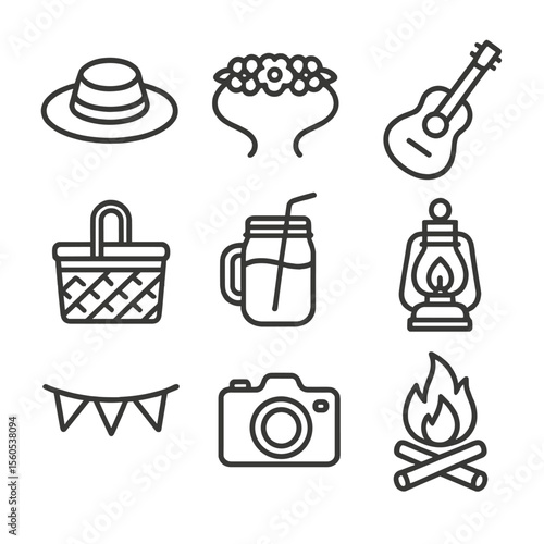 Summer Festival Icons. Outline icon set of summer festival outfit with a straw hat: straw hat, floral crown, guitar, picnic basket
