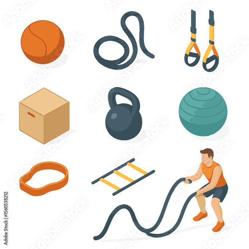 Functional Training Icons. Isometric Flat icon set of functional training: medicine ball, battle rope, TRX straps, plyometric box,