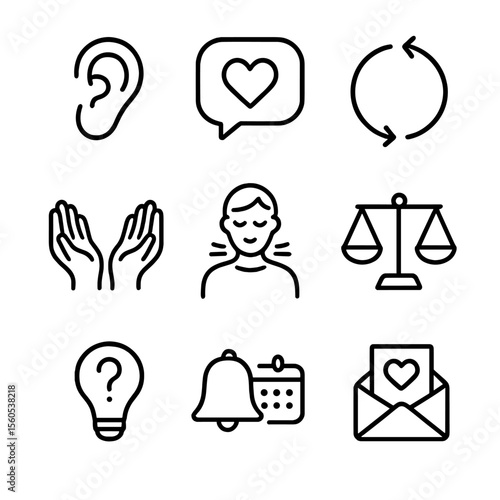 Supportive Communication Icons. Outline icon set of supportive communication habits: active listening ear, speech bubble with