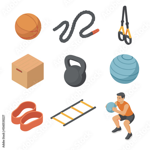 Functional Training Icons. Isometric Flat icon set of functional training: medicine ball, battle rope, TRX straps, plyometric box,