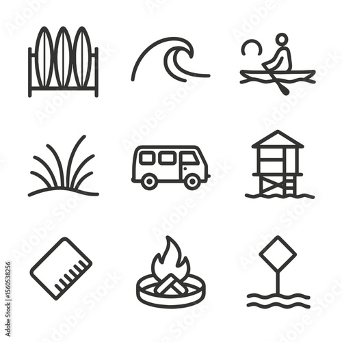 Surf Sanctuary Icons. Outline icon set of hidden surfing sanctuary: surfboard rack, point-break wave, dawn paddle silhouette, dune